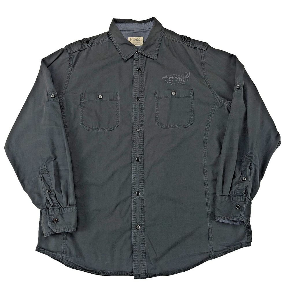 PD&C Mens L Large Charcoal Gray Cotton Military Style Roll Tab Button Up Shirt